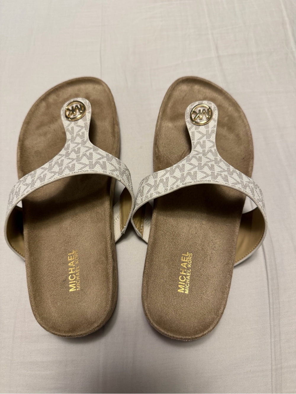 MICHAEL Michael Kors White Logo Thong Sandals with Gold MK Accent